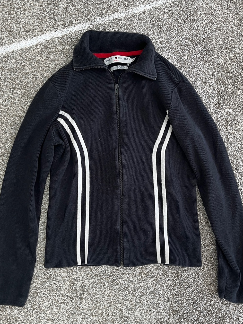 Tommy Hilfiger Vintage Black and White Striped Ribbed Zip Up